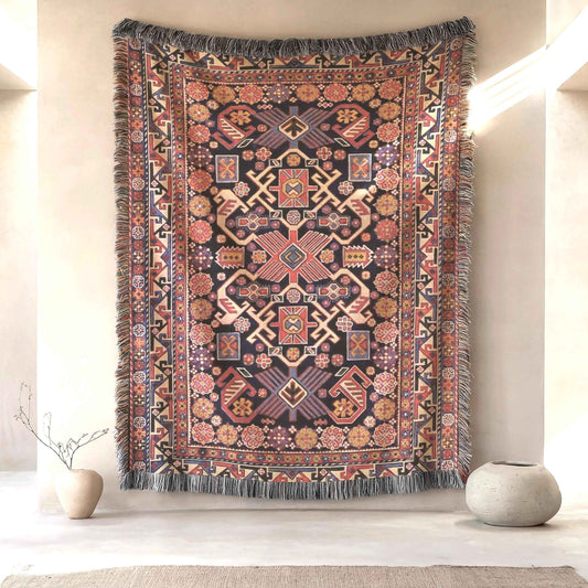 Anatolian Inspired woven wall tapestry with rug-style pattern styled as textile wall decor