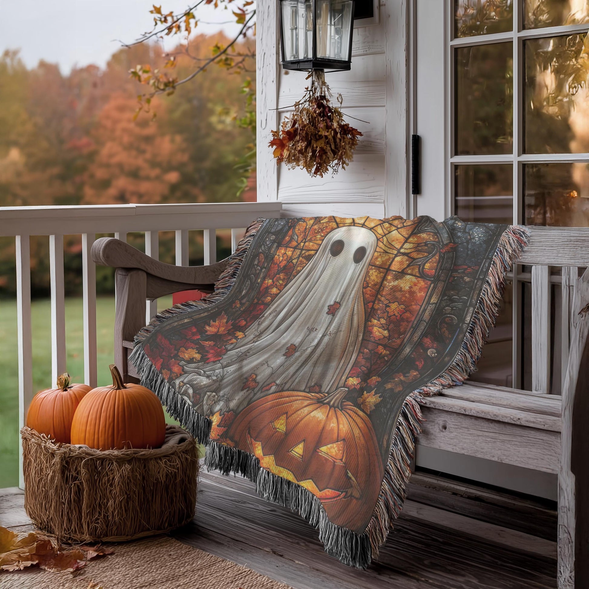 Halloween Decor Blanket - Festive Fall Cotton Throw With Ghost Pumpkin & Stained Glass Motif