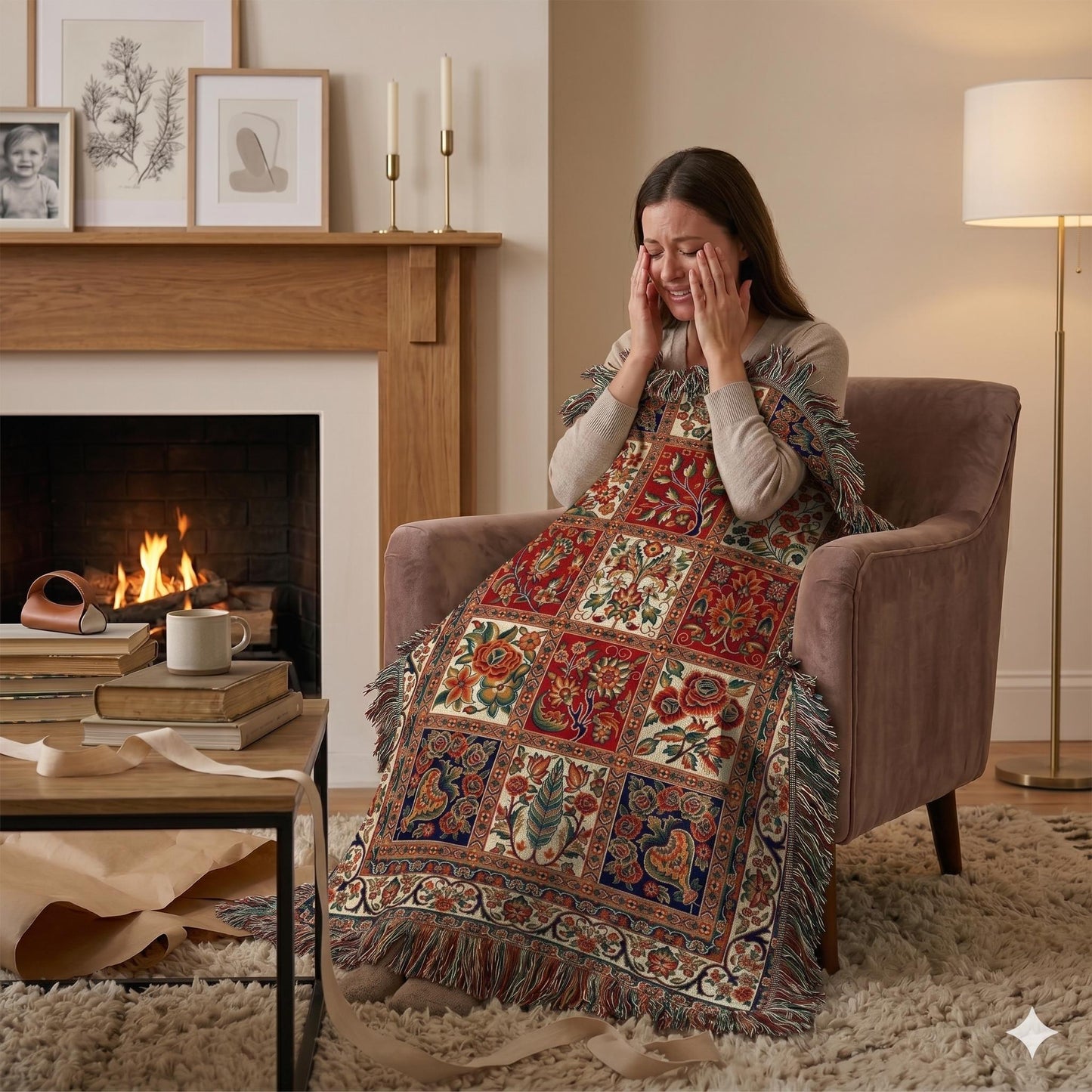 Caucasian Rug Inspired woven blanket with geometric pattern styled for layered home decor