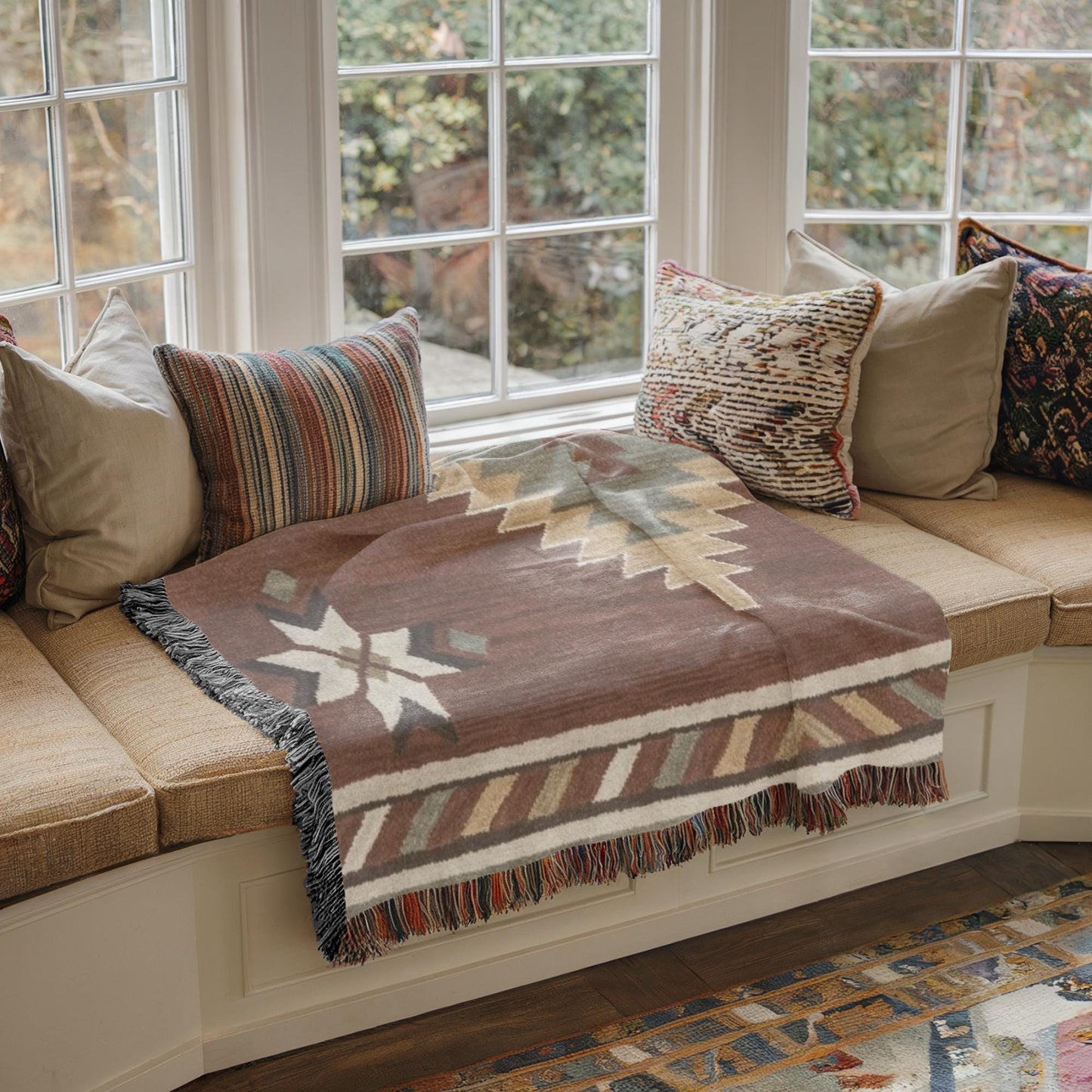 Southwestern woven blanket with geometric pattern styled for layered home decor