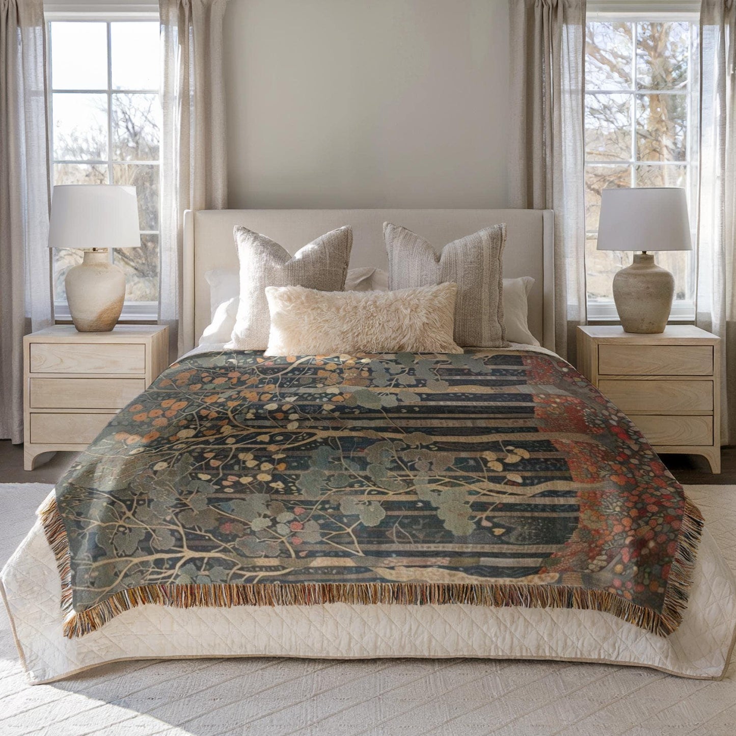 Scandinavian Inspired woven blanket with rug-style pattern styled for layered home decor