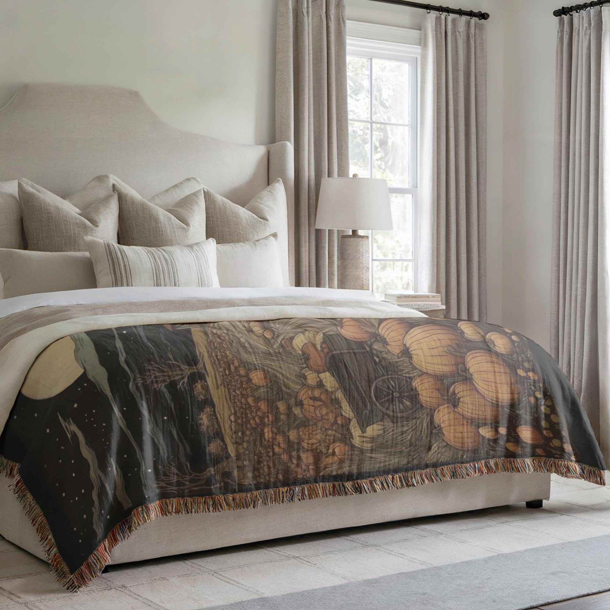 Pumpkin Patch Bedding - Harvest Season Blanket With Cotton Woven Throw & Colorful Fringed Edges - timelessbohochic.com