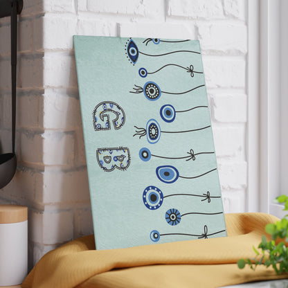 Mint evil eye cutting board with hanging beads close view showing the pattern