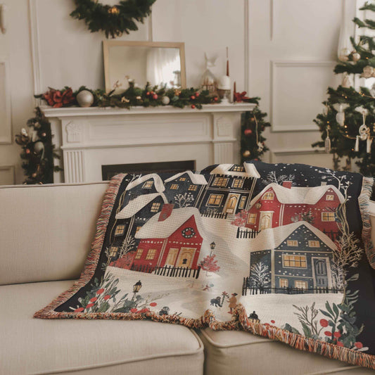 Holiday Bed Blanket - Woven Cotton Throw With Christmas Village Scene, Cozy Winter Folk Art - timelessbohochic.com