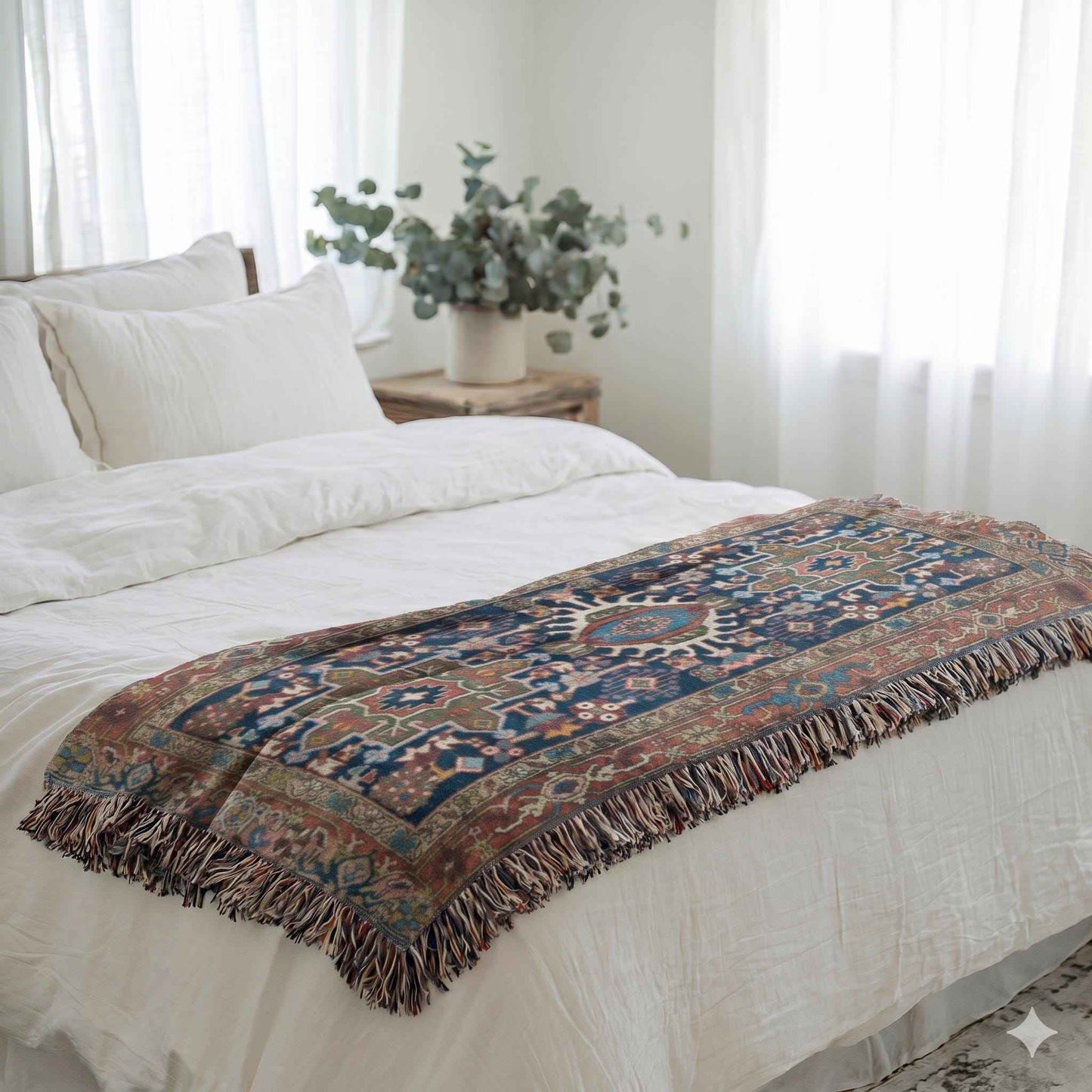 Anatolian Inspired woven blanket with rug-style pattern styled for layered home decor