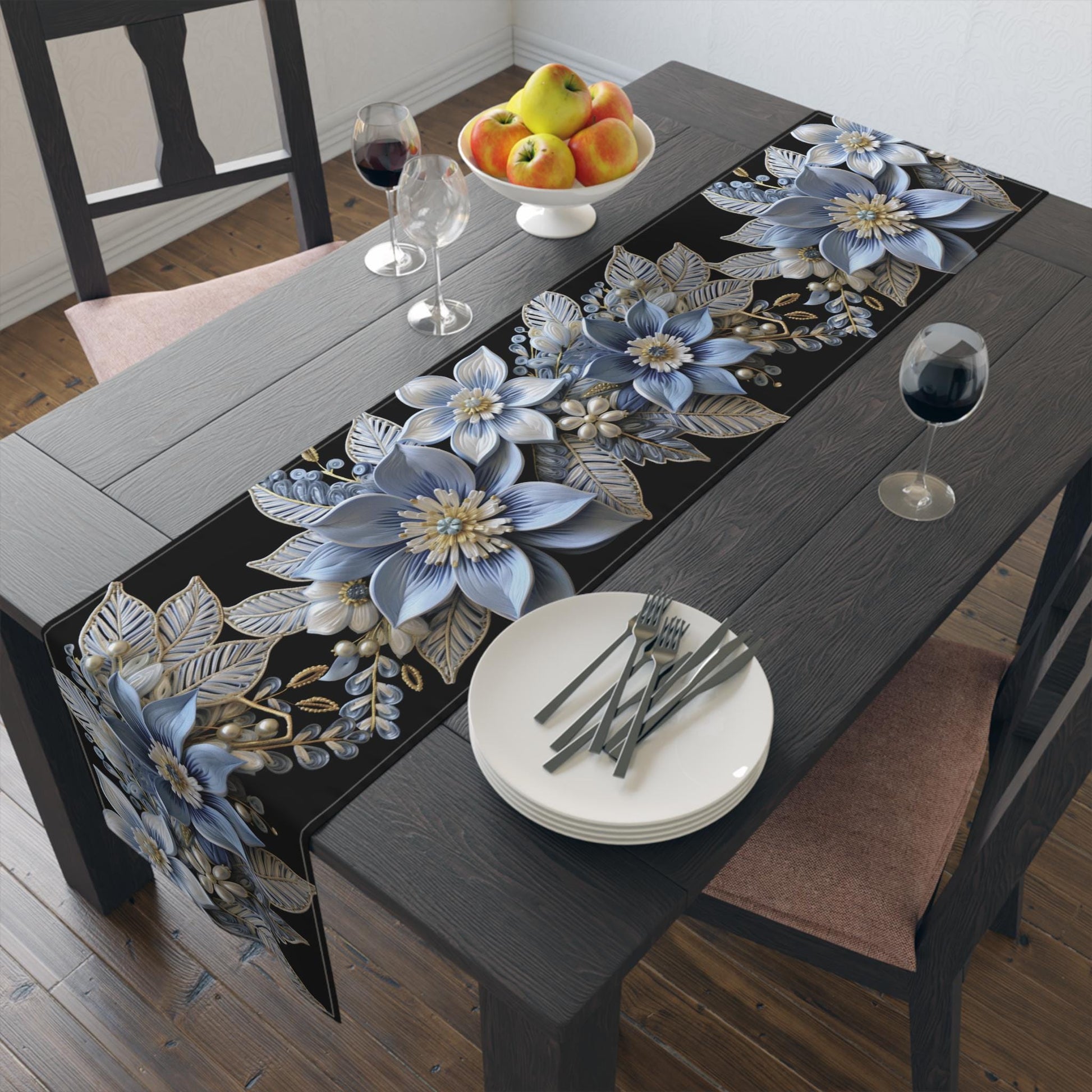 Poinsettia Table Runner – Baby Blue & Gold Christmas Table Decor | Elegant Holiday Accent