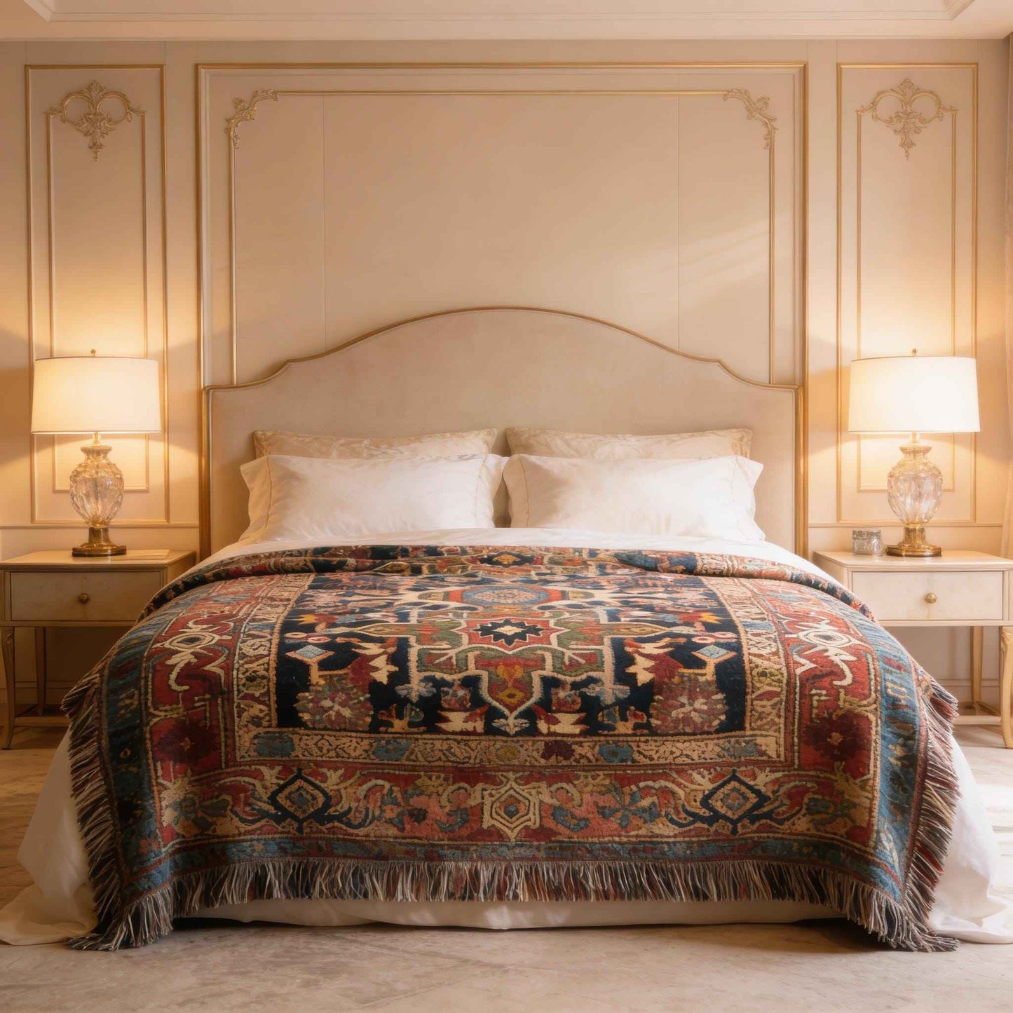 Anatolian Inspired woven blanket with rug-style pattern styled for layered home decor