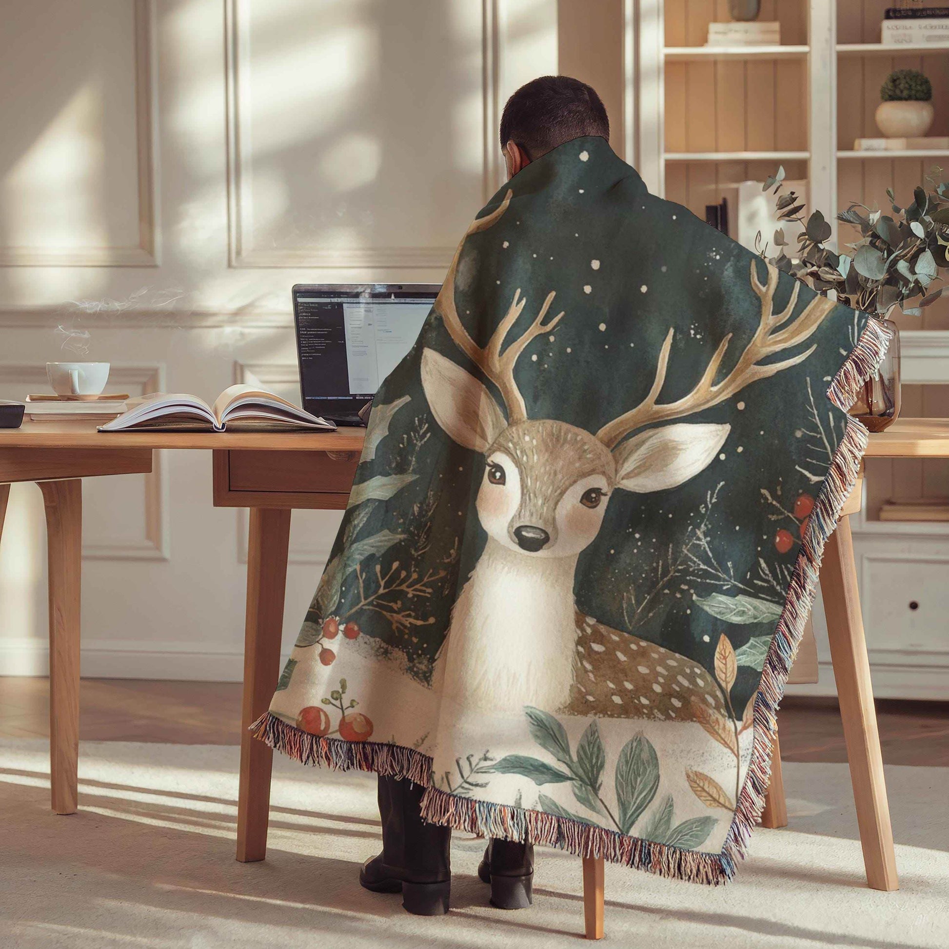 Christmas Tapestry Wall Hanging – Festive Woodland Animal Textile Art with Bambi and Holly - timelessbohochic.com