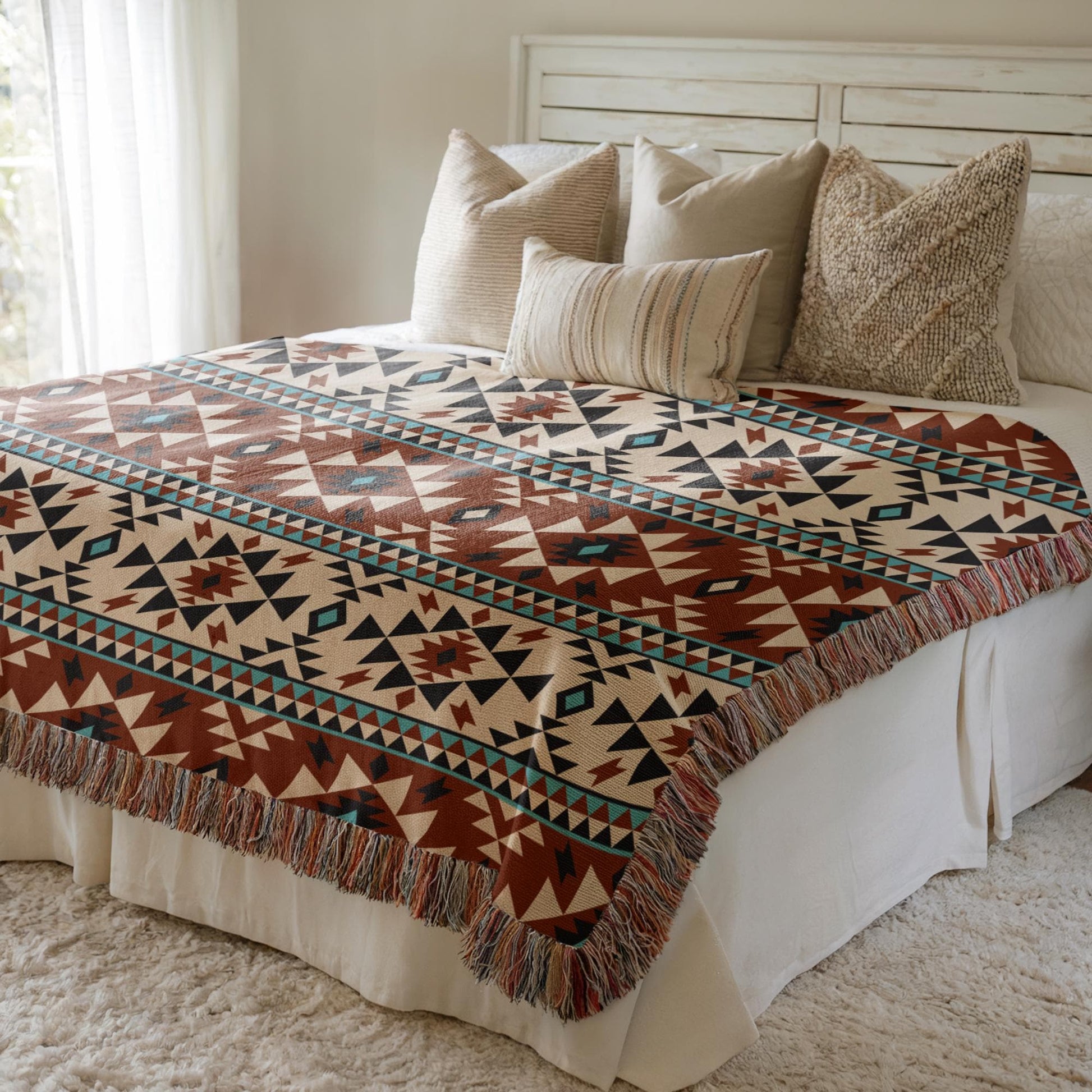 Ikat Throw Blanket – Southwestern Pattern, Cotton Fringed Edge Blanket, Cozy Home Decor