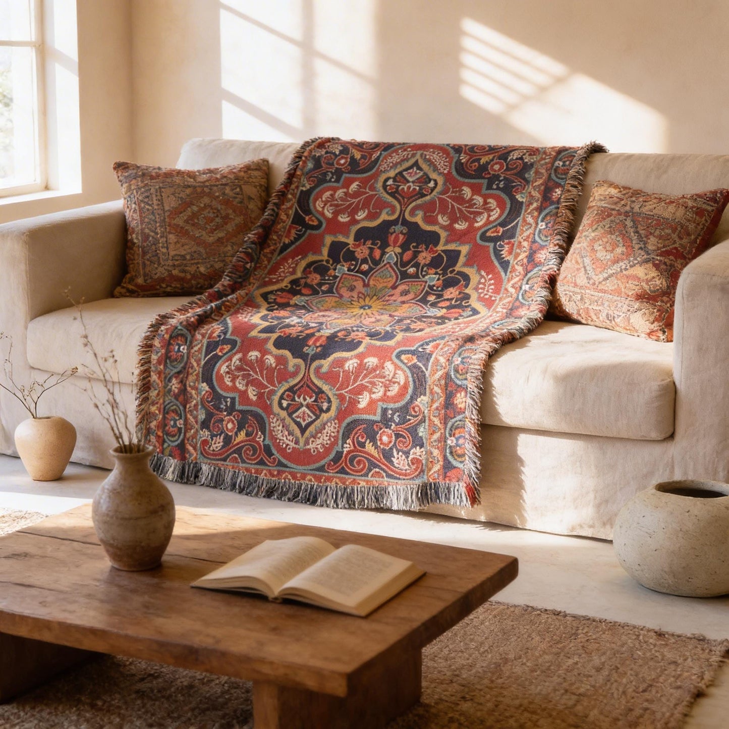 Anatolian Inspired throw pillow with rug-style pattern styled on a sofa or bed