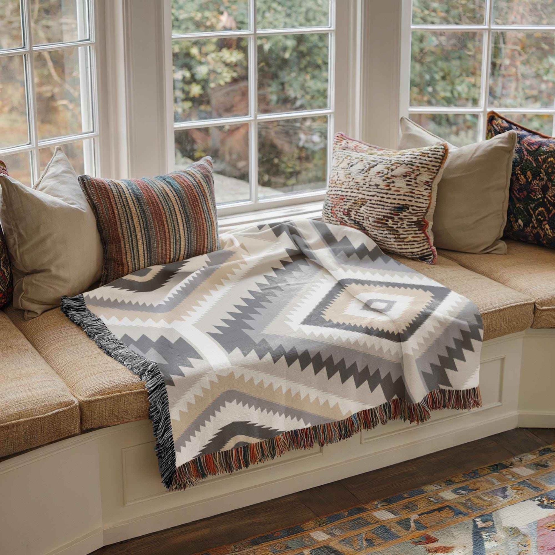 Tribal Pattern Throw Blanket - Cotton Cozy Fall Accent With Fringed Edges - timelessbohochic.com