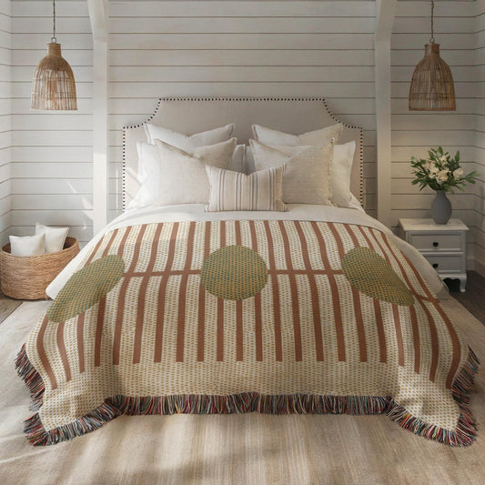 Woven Cotton Blanket - Cozy Rustic Stripe Throw With Green Dots Pattern