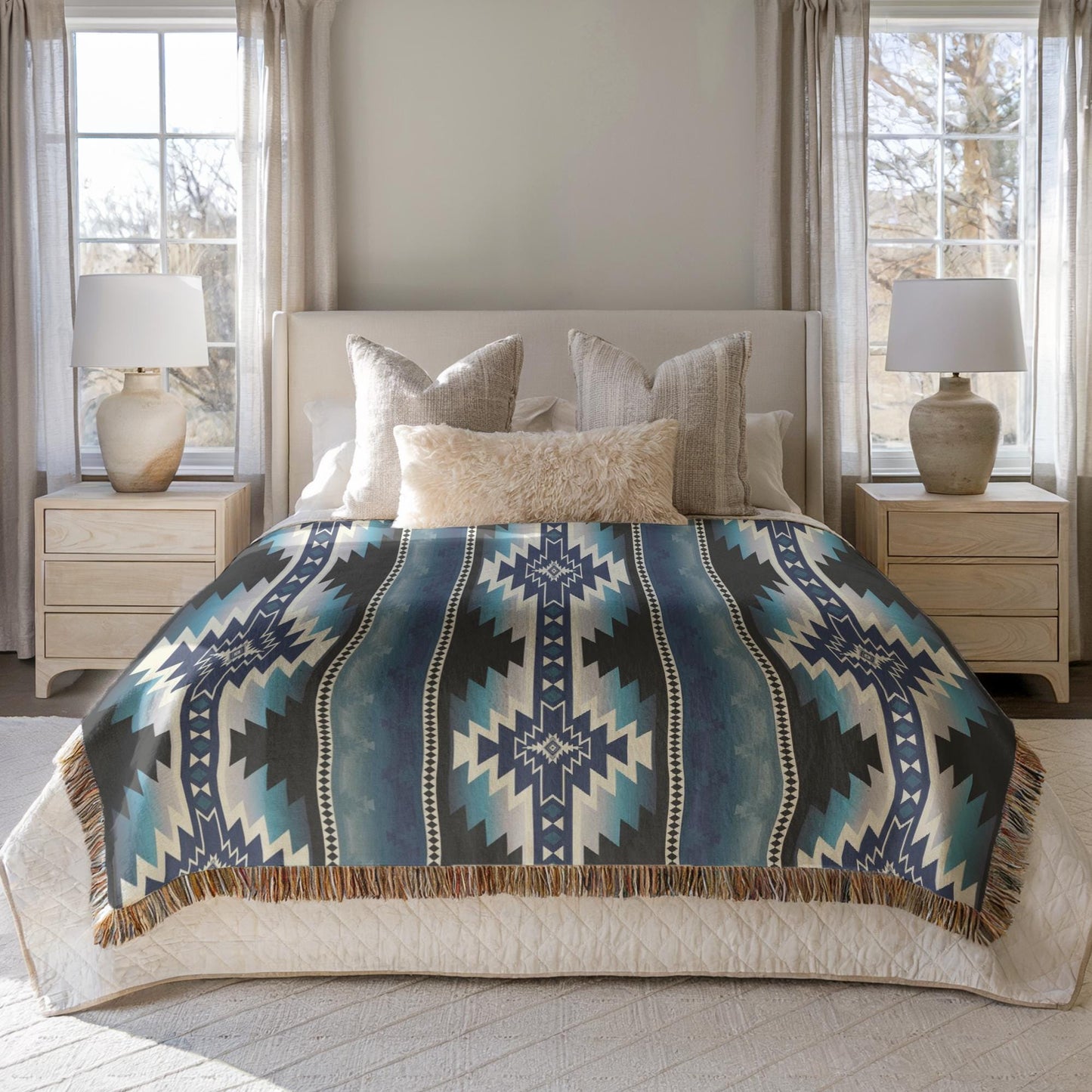 Southwestern woven blanket with geometric pattern styled for layered home decor