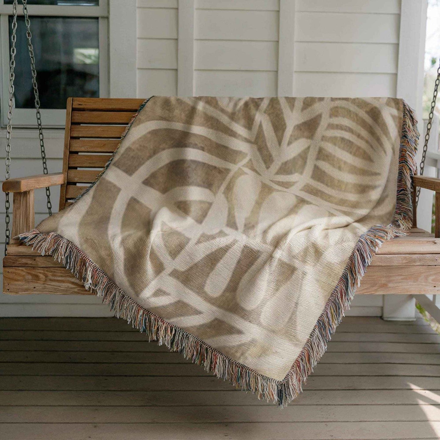 Modern Geometric woven wall tapestry with geometric pattern styled as textile wall decor