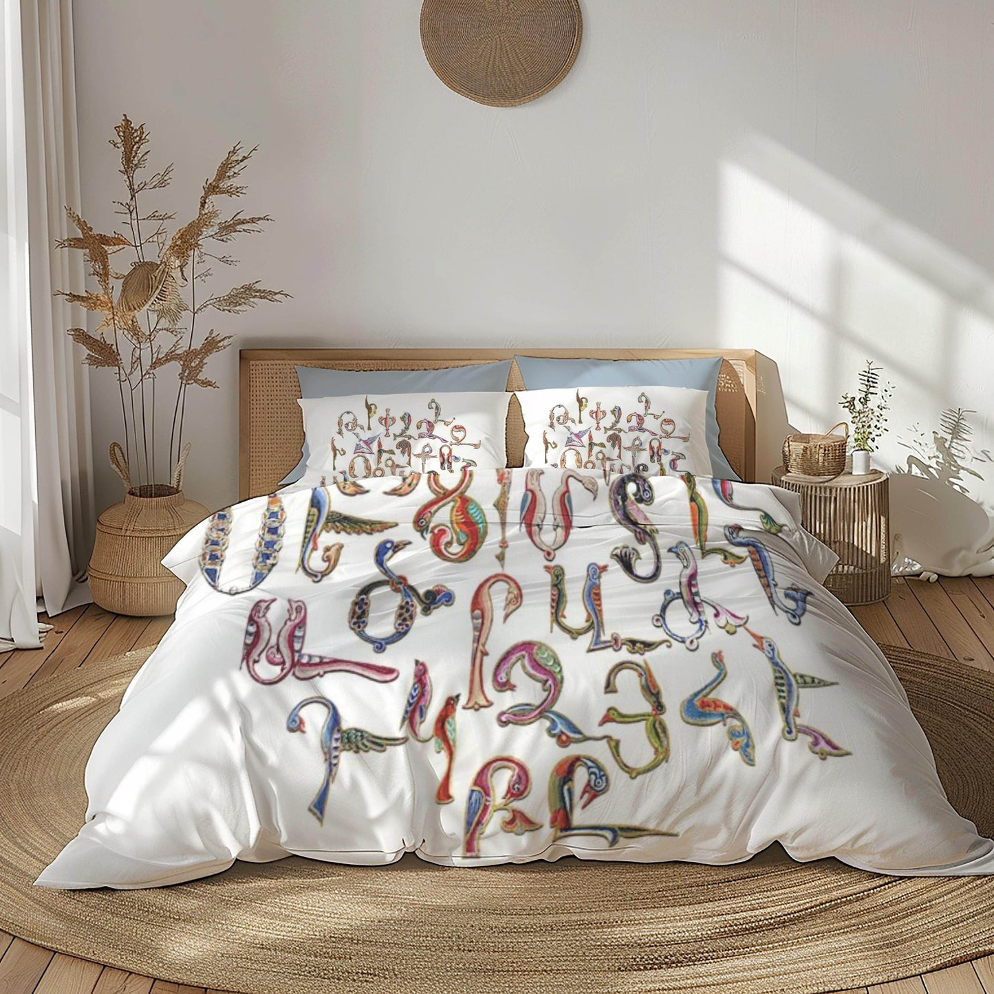 Armenian Alphabet Duvet Cover - Multicolor Bedding Set with Trchnagir Pattern & Zipper Closure - timelessbohochic.com