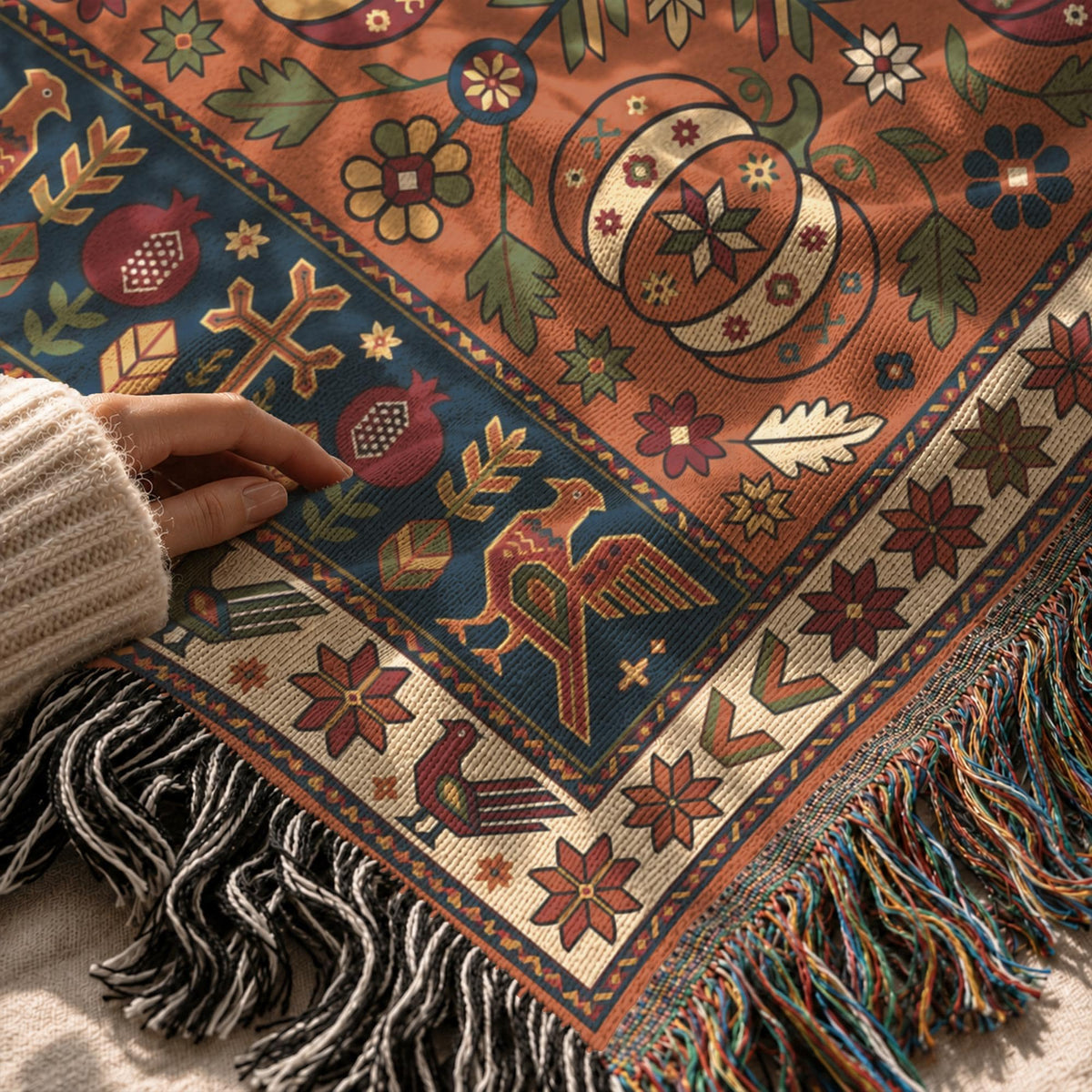 Close-up of a rust and navy Armenian pomegranate throw blanket held in one hand, showing the fringed edge