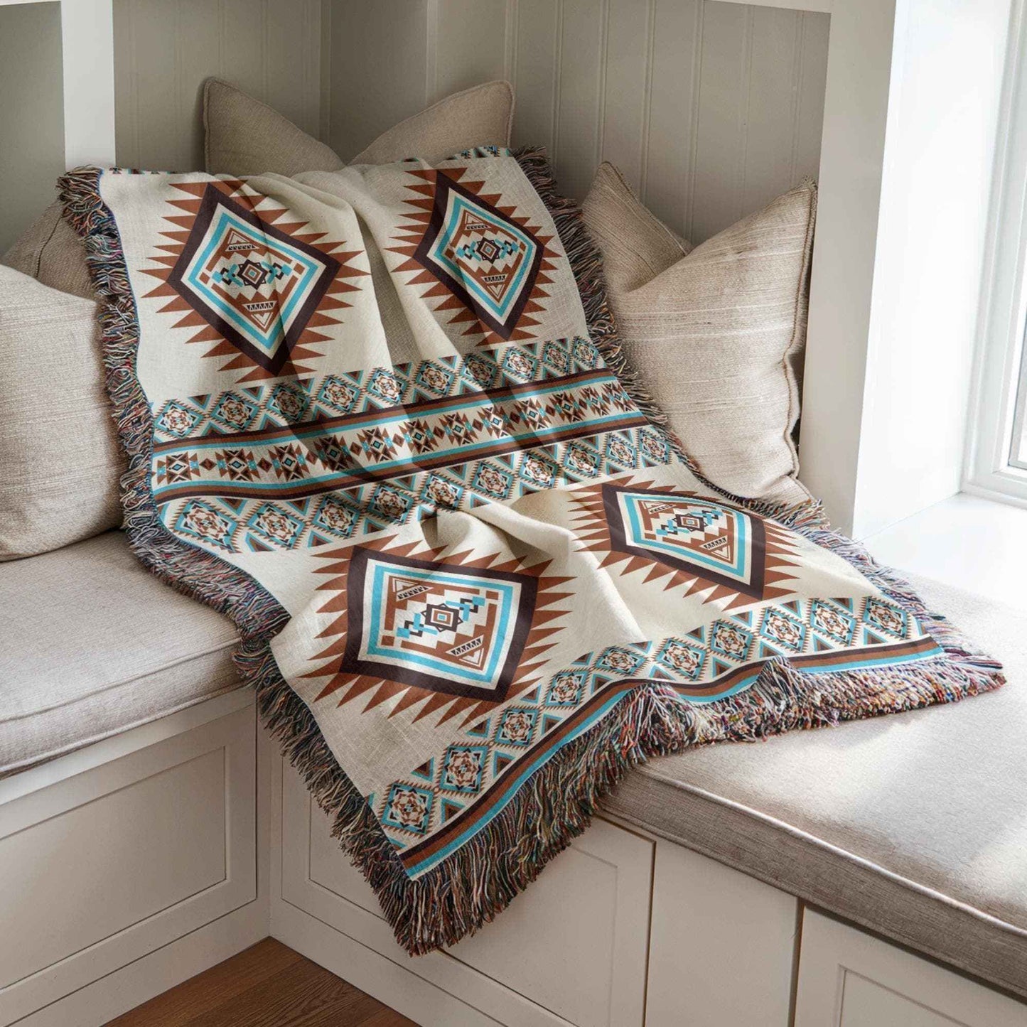Southwestern woven blanket with geometric pattern styled for layered home decor