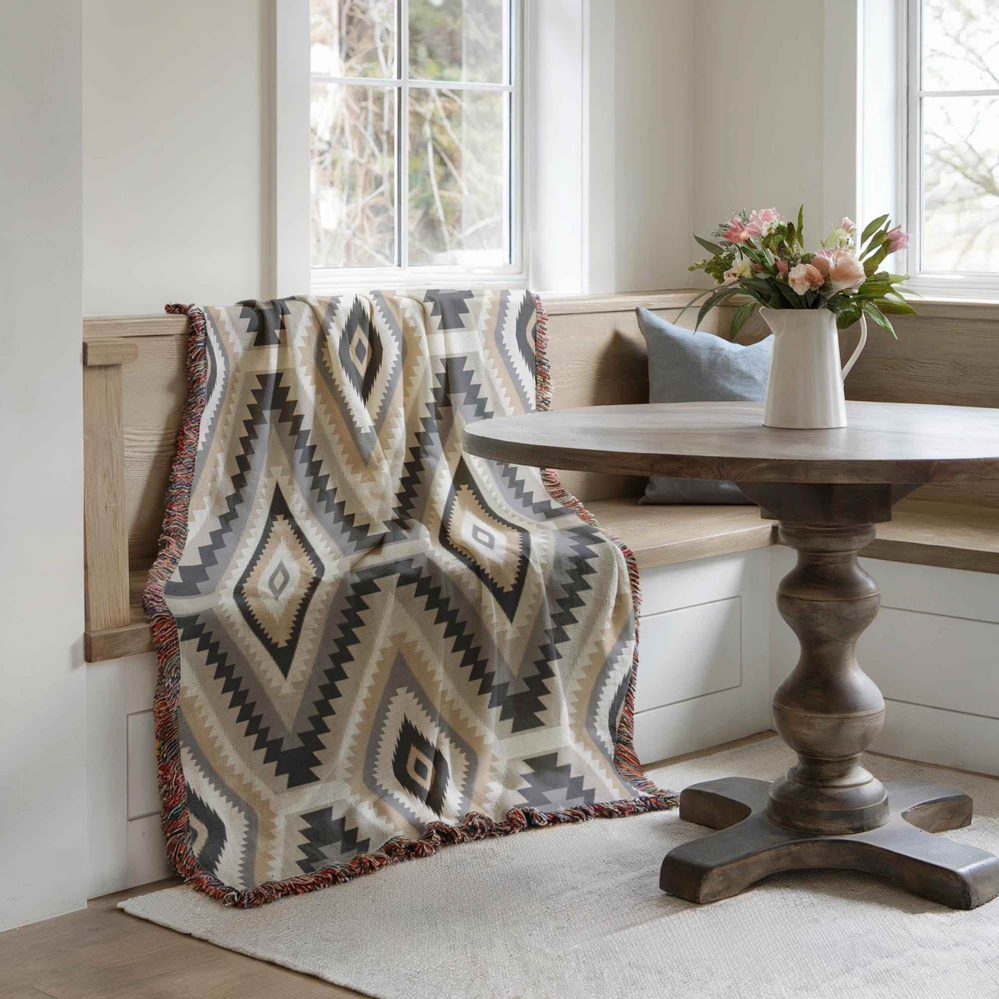 Tribal Pattern Throw Blanket - Cotton Cozy Fall Accent With Fringed Edges - timelessbohochic.com