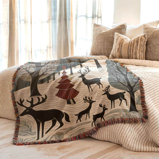 Christmas Bed Throw - Cozy Woven Cotton Blanket With Reindeer Gift - timelessbohochic.com