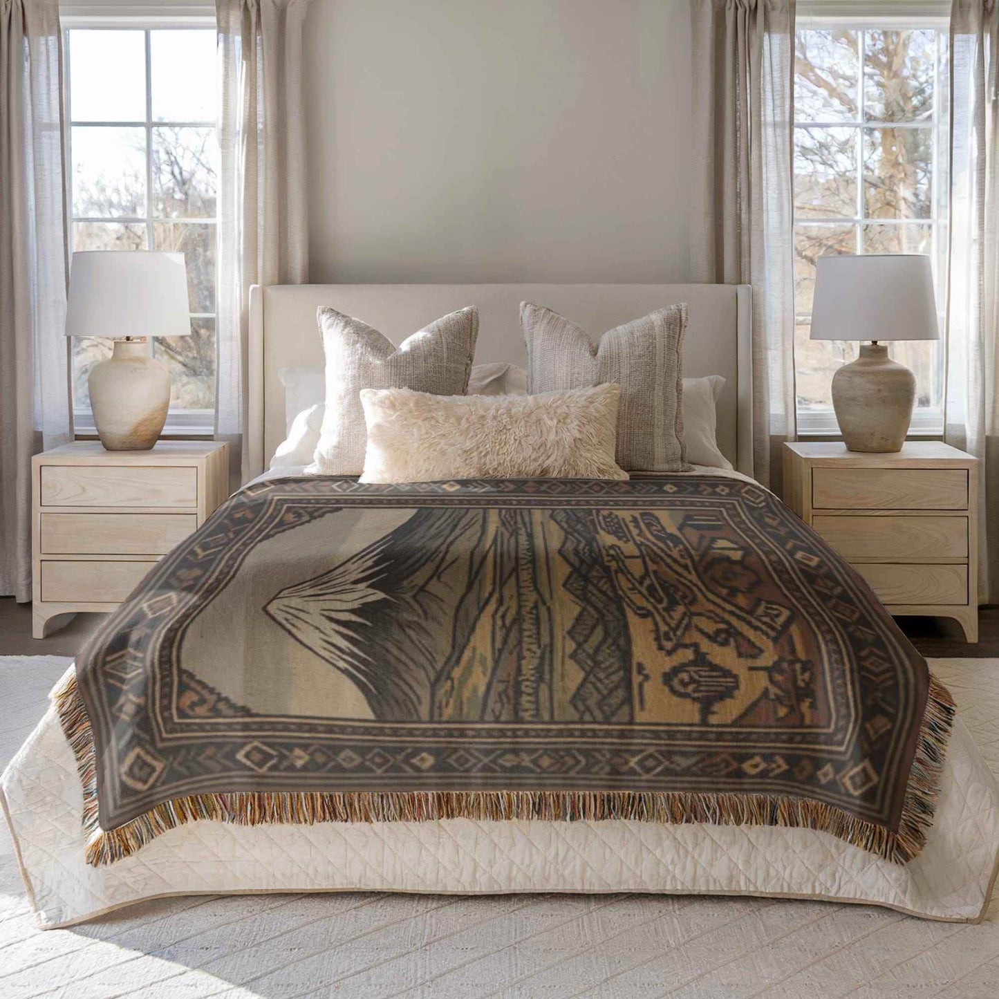 Armenian Throw Blanket – Annunciation Tapestry Cotton Decorative Throw with Mount Ararat Design - timelessbohochic.com