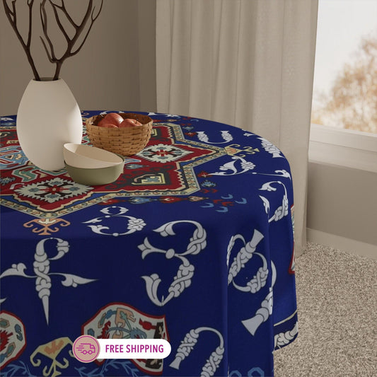 Armenian Art Tablecloth - Blue White Armenian Alphabet Cloth | Unique Ethnic Dining Decor