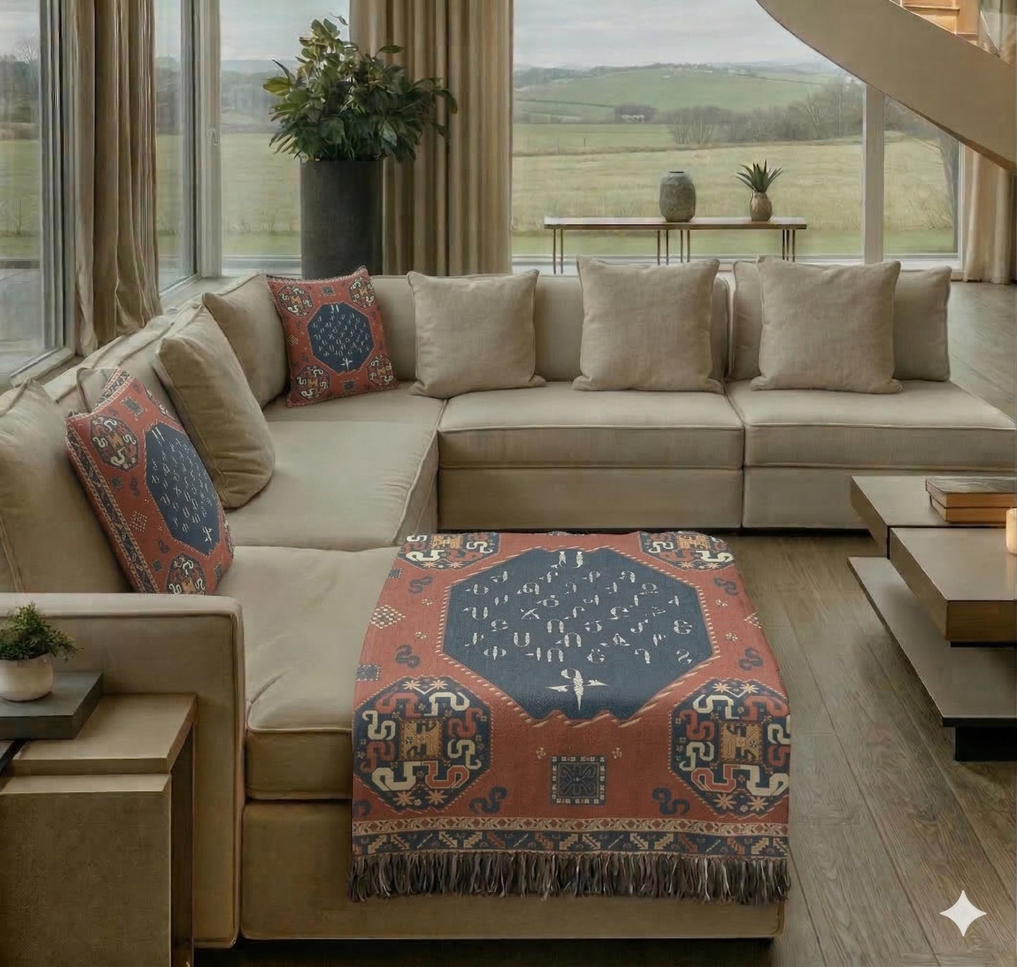 Modern Geometric woven blanket with geometric pattern styled for layered home decor
