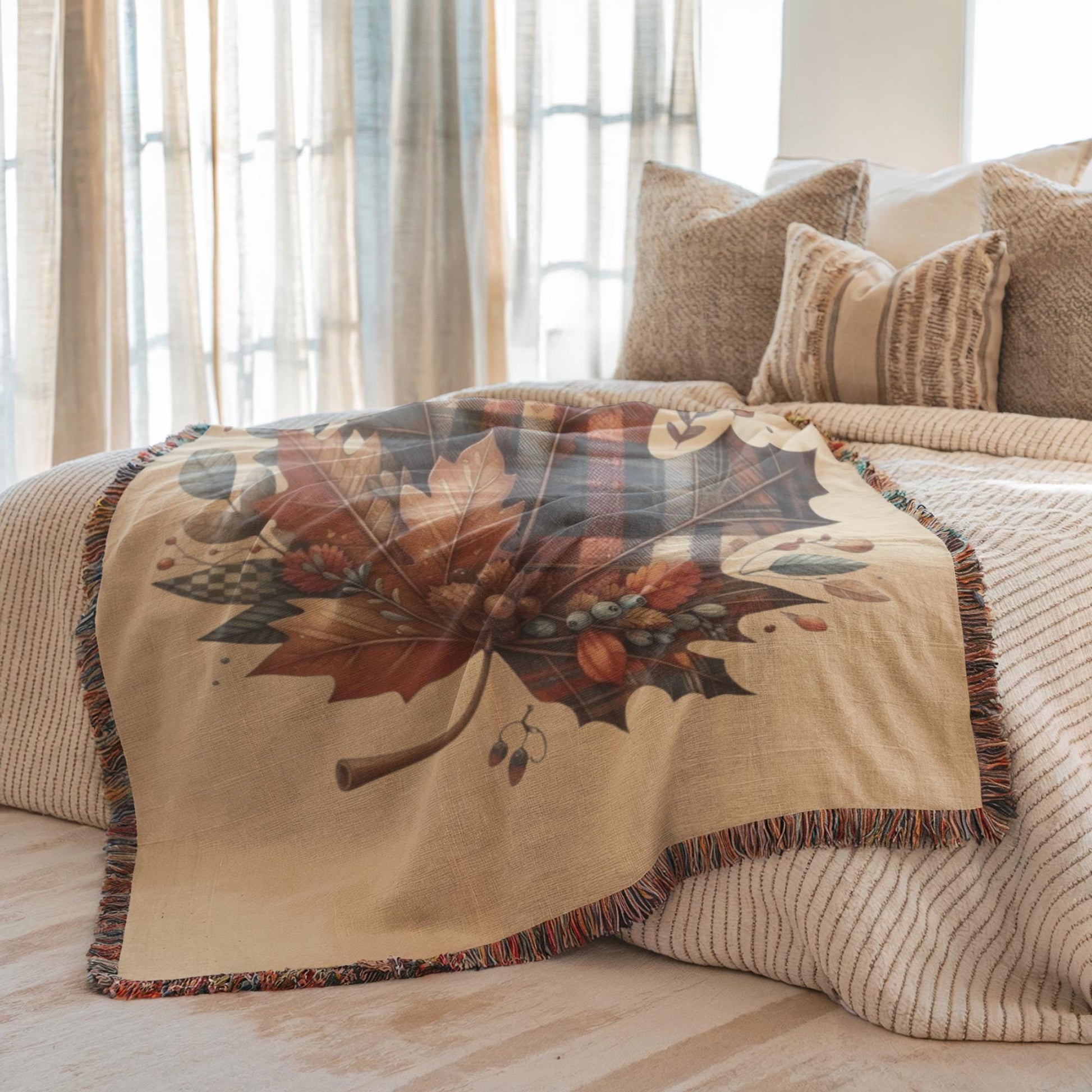 Plaid Fall Blanket – Cozy Cotton Throw with Tartan Leaf Pattern & Fringed Edges