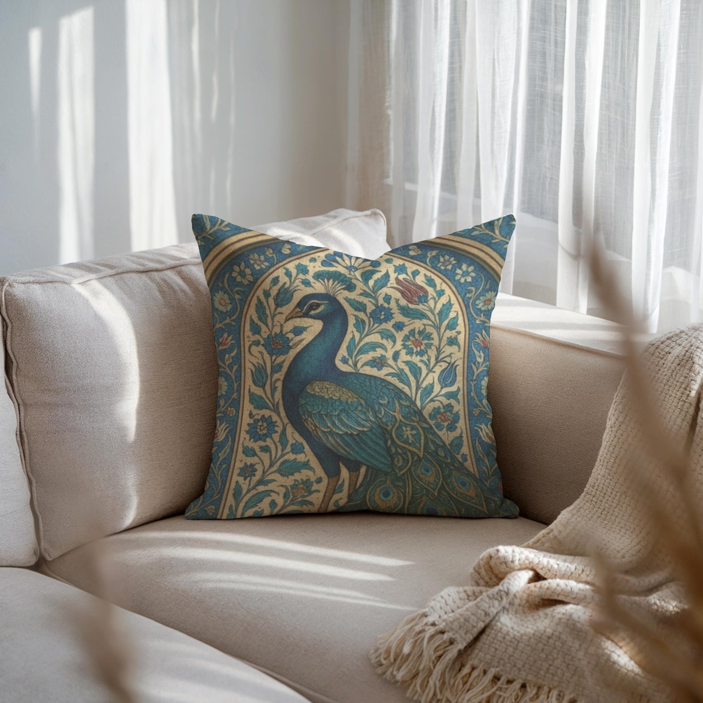 Modern Geometric throw pillow with geometric pattern styled on a sofa or bed