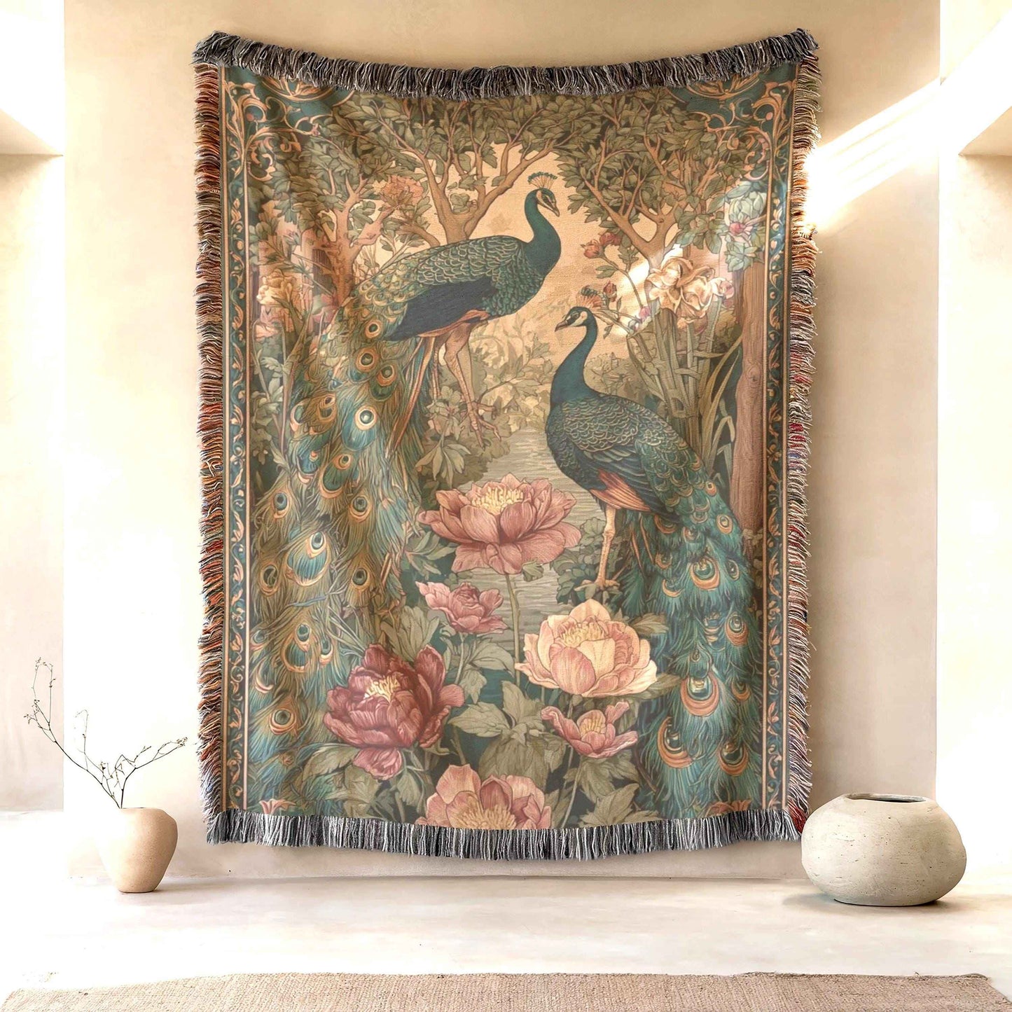 Modern Geometric woven blanket with geometric pattern styled for layered home decor