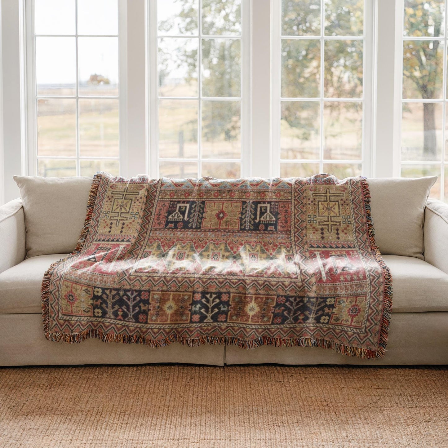 Caucasian Rug Inspired woven blanket with geometric pattern styled for layered home decor