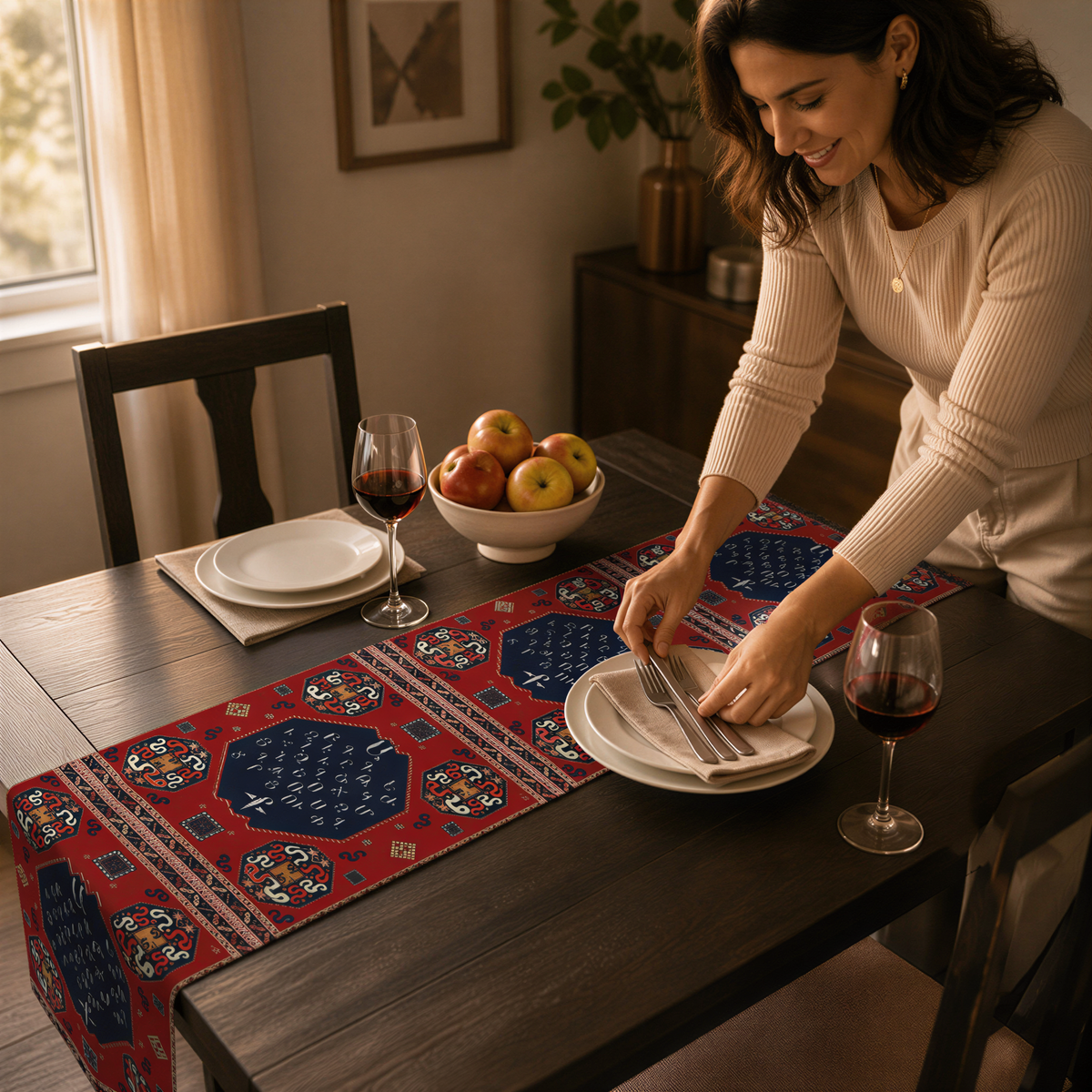 Armenian alphabet table runner in deep red being laid on a dining table