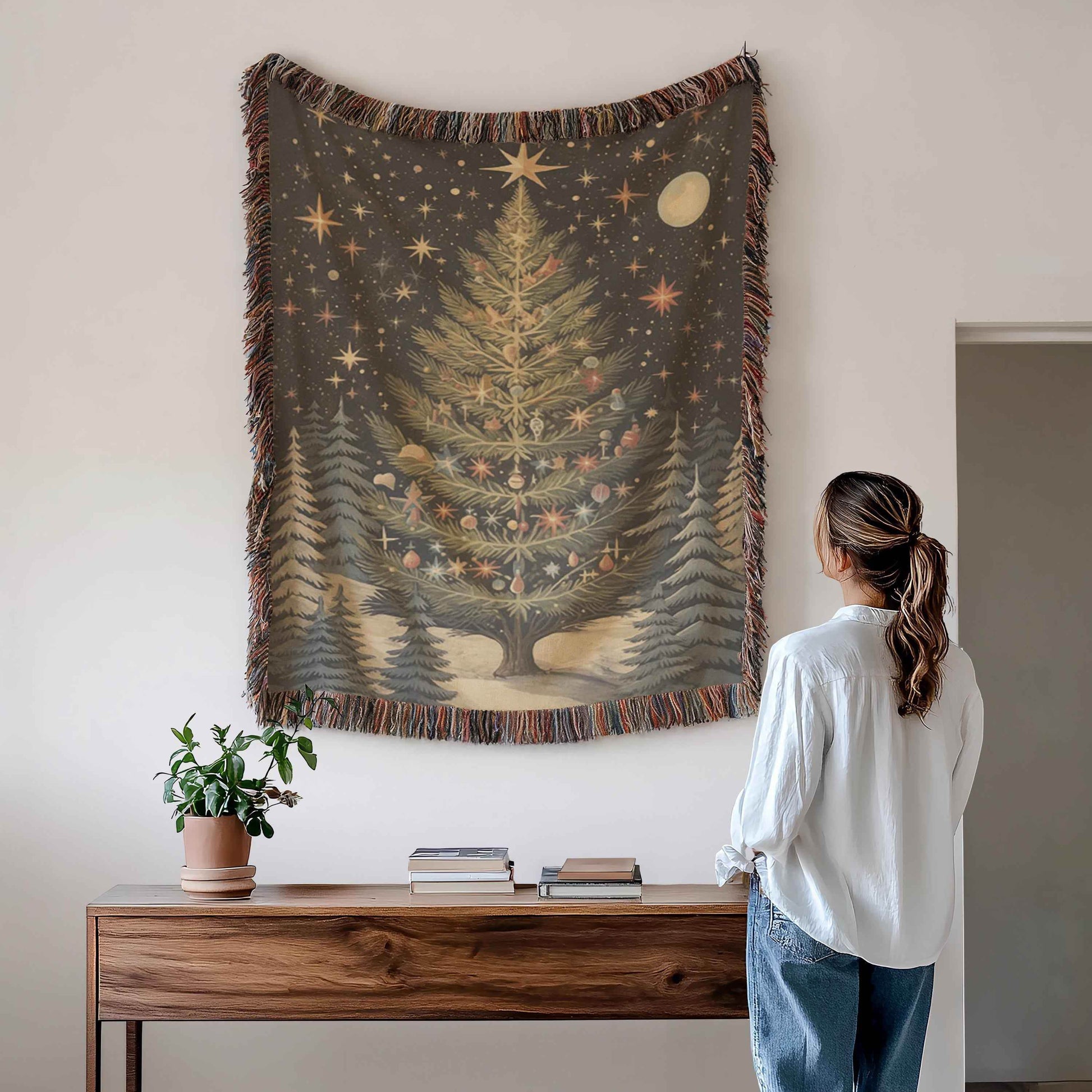 Christmas Tapestry Wall Hanging - Festive Forest Decor Woven Cotton Blanket - timelessbohochic.com