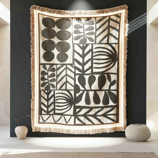 Modern Geometric woven wall tapestry with geometric pattern styled as textile wall decor