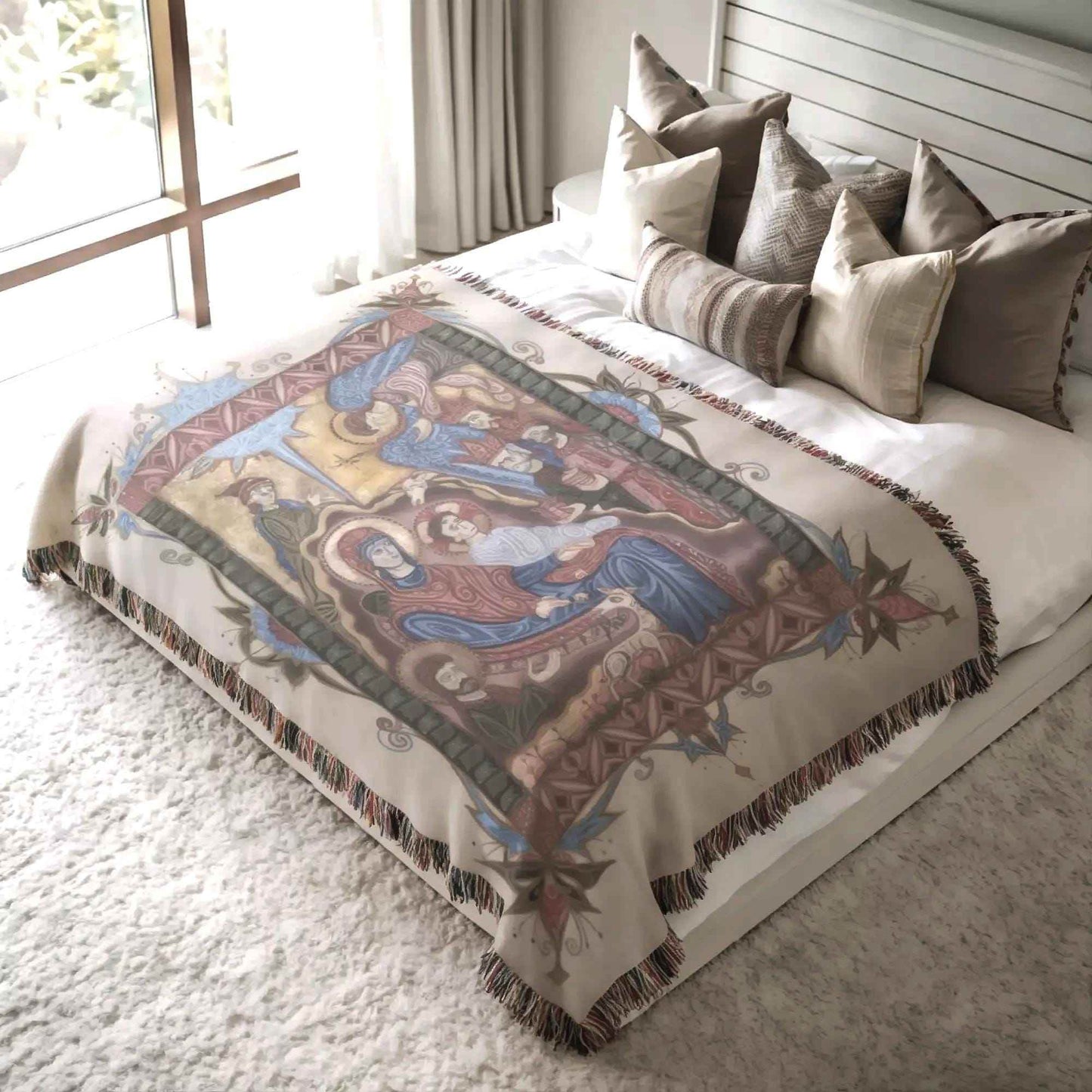 Armenian Tapestry Throw – Christmas Nativity Scene | Soft Cotton Blanket - timelessbohochic.com