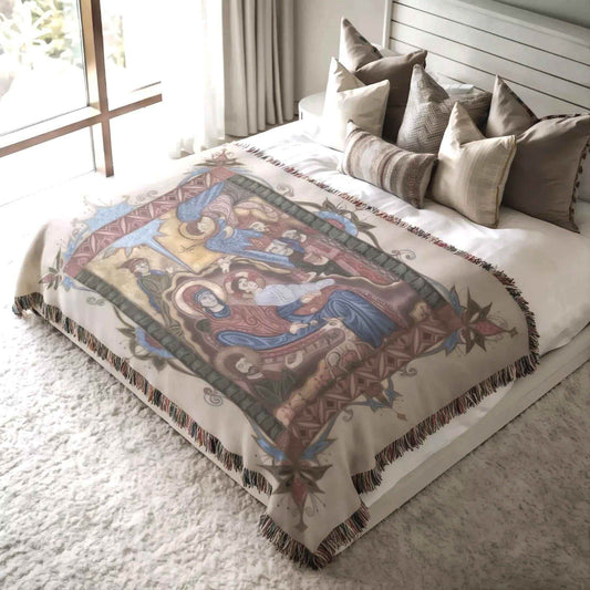 Armenian Tapestry Throw – Christmas Nativity Scene | Soft Cotton Blanket - timelessbohochic.com