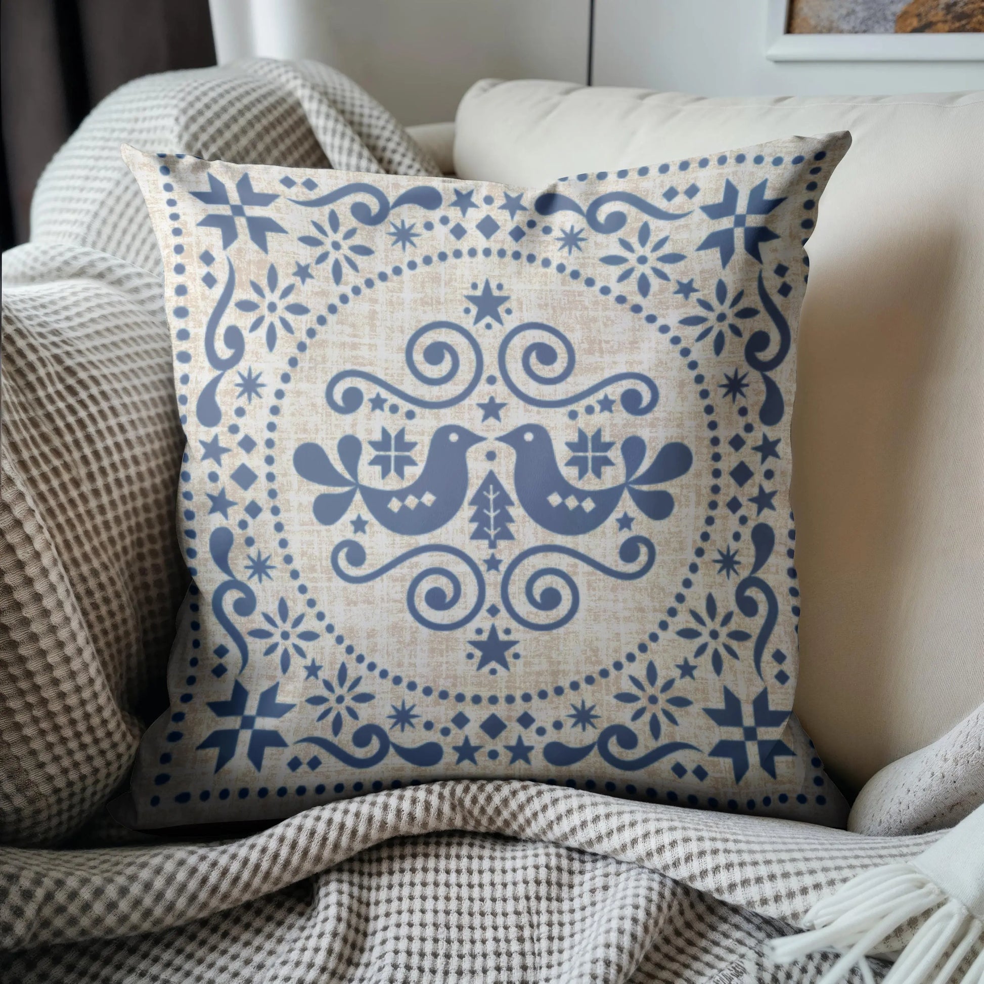 Blue Bird Cushion – Nordic Folk Pillow | Scandi Sofa Cushion | Woven Boho Throw
