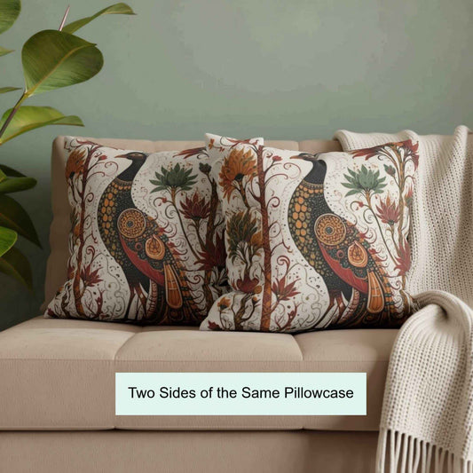 Moroccan Inspired pillow cover with woven pattern styled on a sofa or bed