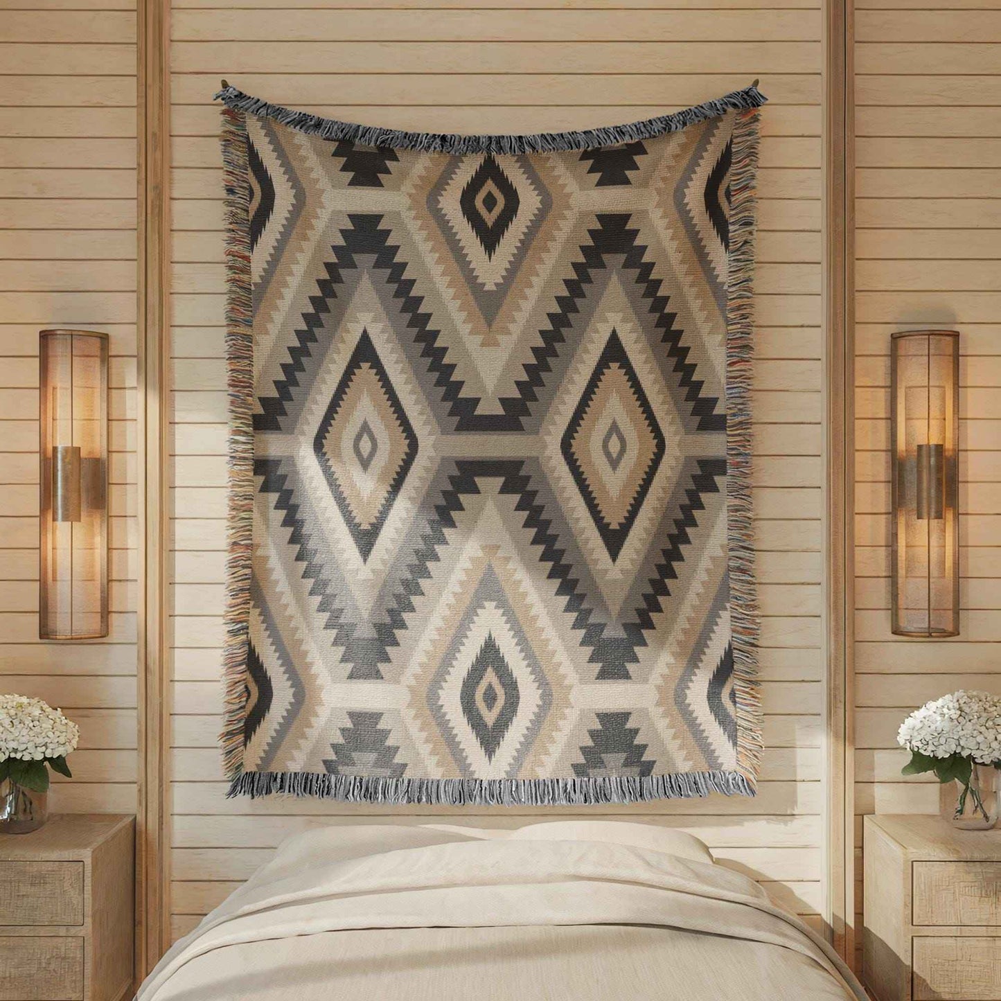 Southwestern woven blanket with geometric pattern styled for layered home decor