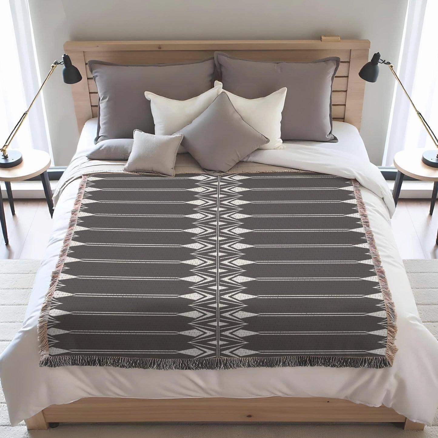 Modern Geometric woven blanket with geometric pattern styled for layered home decor