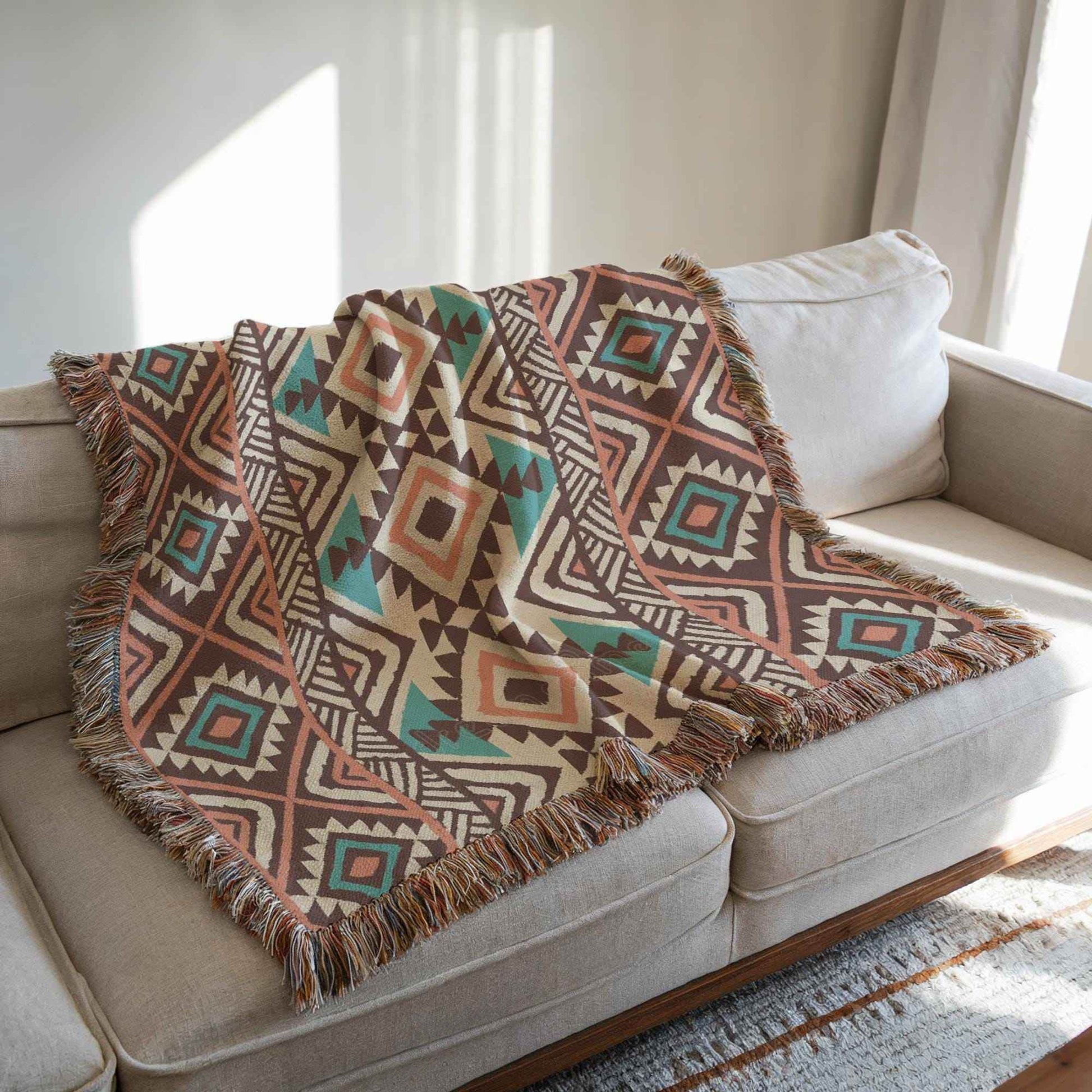 Navajo Blanket - Cozy Southwestern Throw With Geometric Pattern & Fringed Edge - timelessbohochic.com