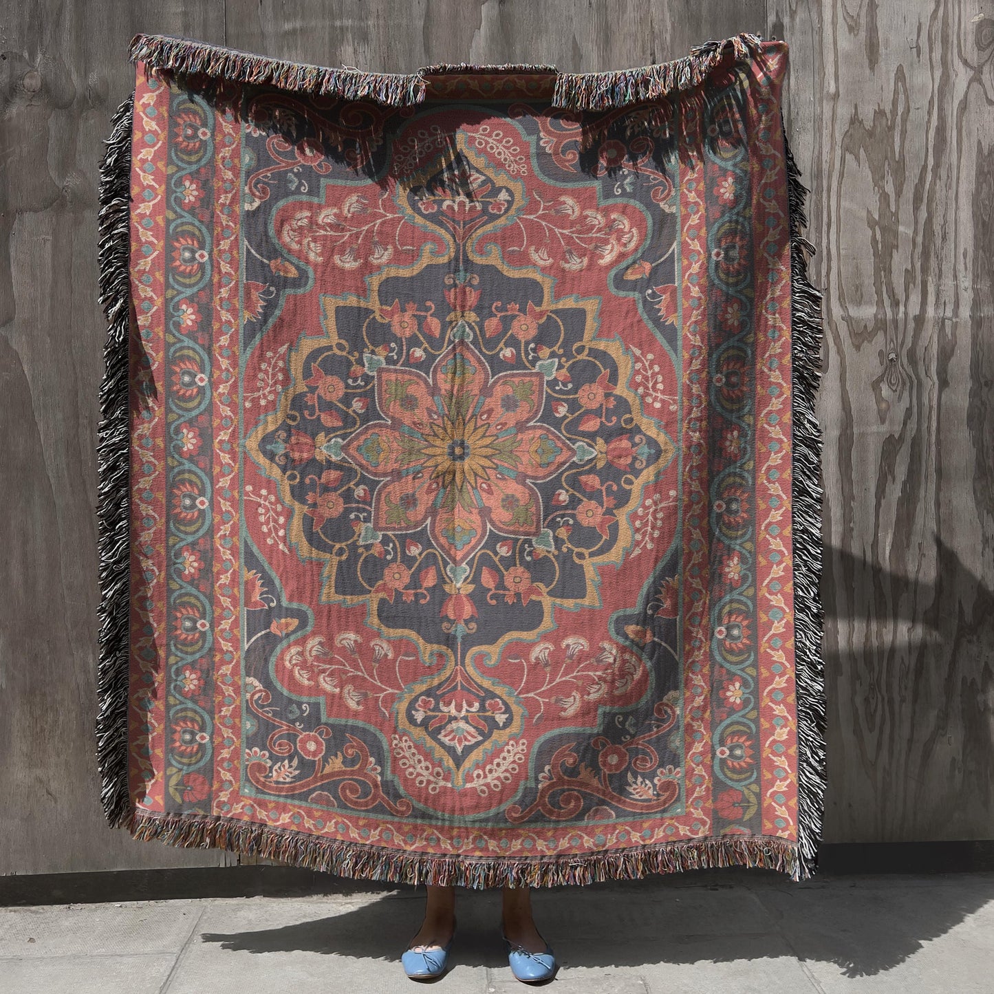 Anatolian Inspired outdoor woven throw blanket with rug-style pattern for patio styling
