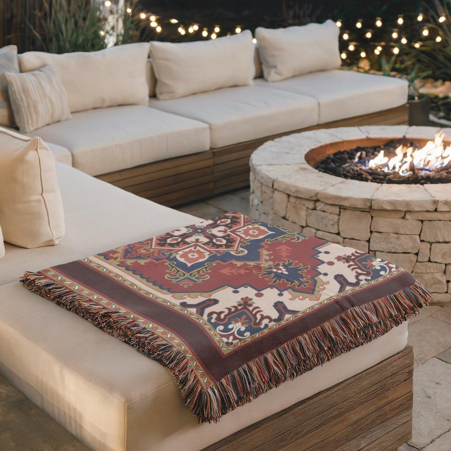 Moroccan Inspired woven wall tapestry with rug-style pattern styled as textile wall decor