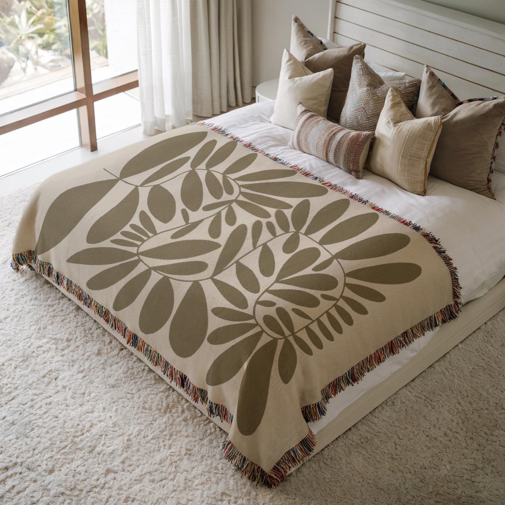 Woven Bedroom Blanket - Mid Century Modern Throw With Scandi Leaves Pattern | Cozy Home Decor