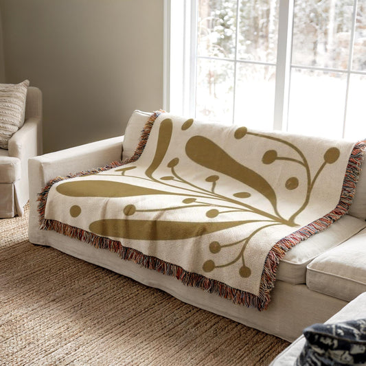 Mid Century Modern Blanket - Woven Cotton Throw With Botanical Pattern & Colorful Fringed Edges