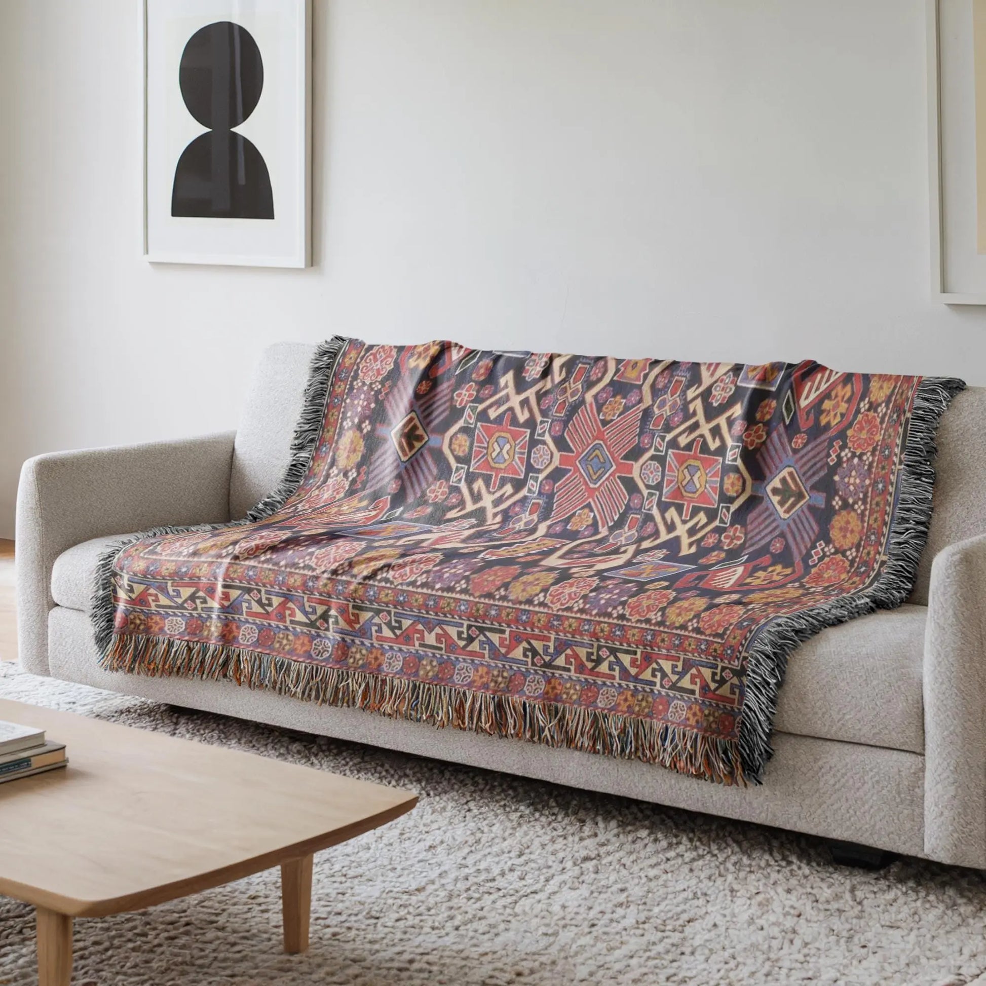 Cotton Throw Blanket – Boho Turkish Rug Patterned Woven Textile with Fringed Edges