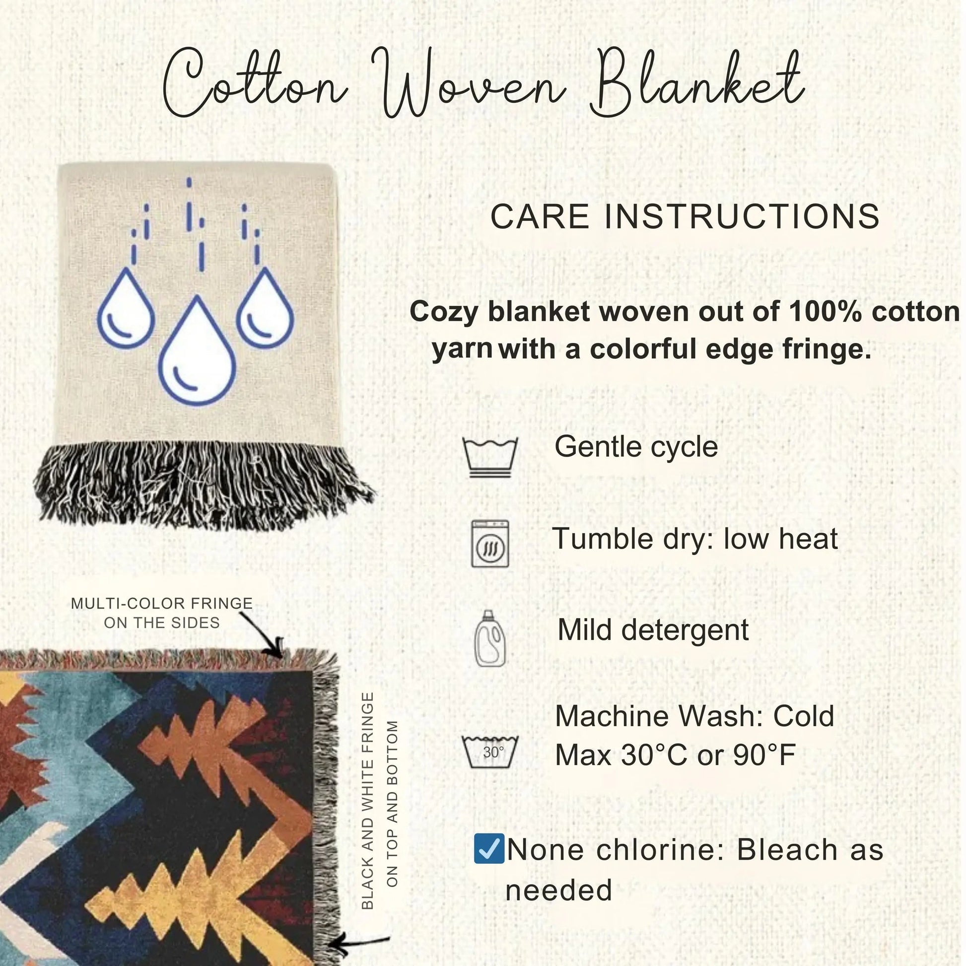 Woven Blanket - Turkish Throw With Anatolian Pattern & Colorful Fringed Edges