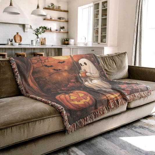 Moon Ghost Blanket - Cozy Halloween Throw Blanket With Pumpkin & Bat Design