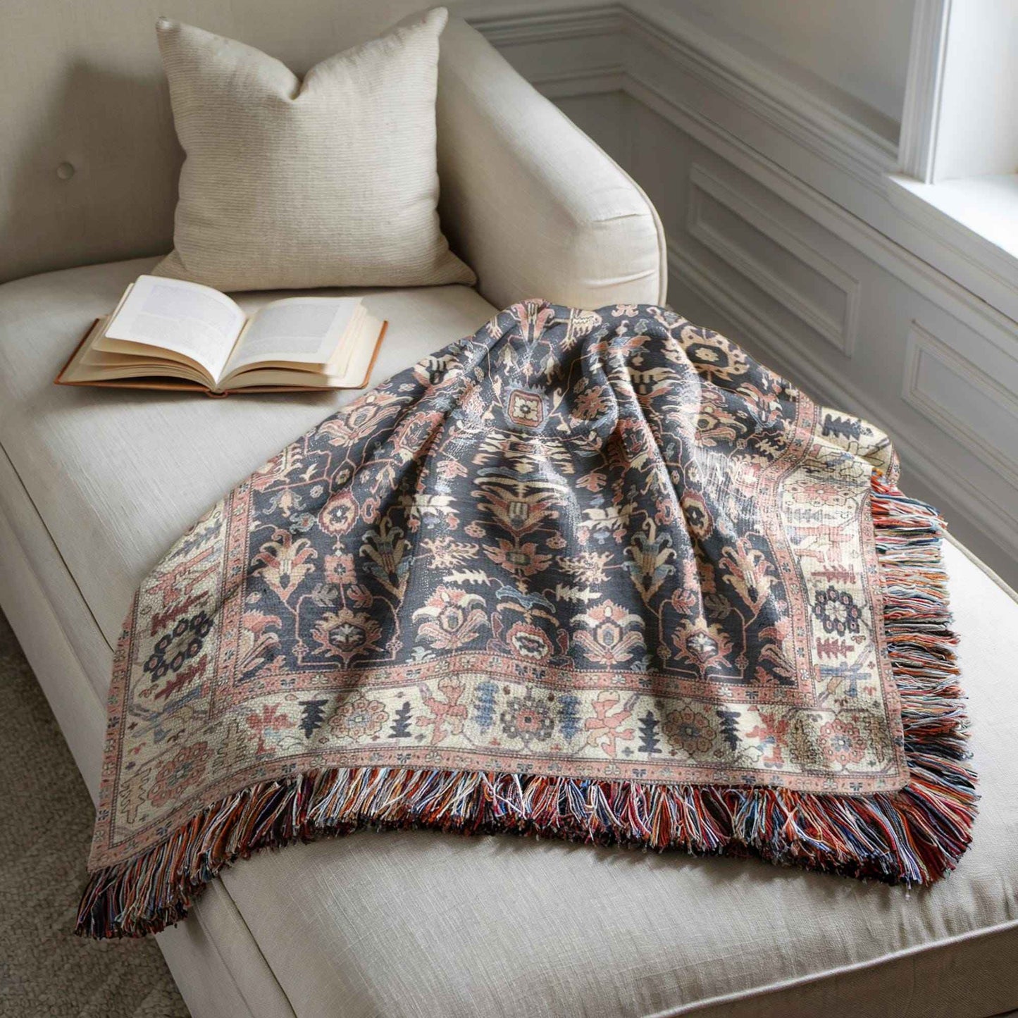 Anatolian Inspired woven blanket with geometric pattern styled for layered home decor