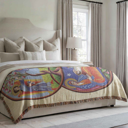 Boho woven wall tapestry with rug-style pattern styled as textile wall decor