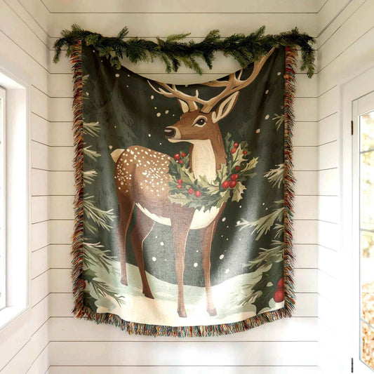 Reindeer Wall Hanging - Large Forest Animal Tapestry | Cozy Cotton Holiday Decor - timelessbohochic.com